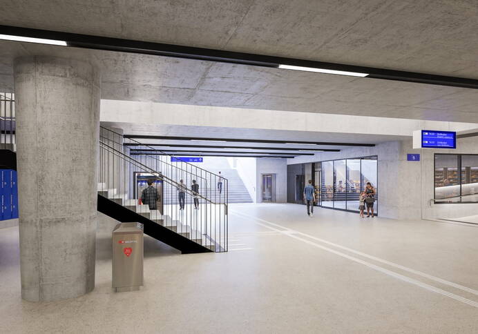 Visualisierungen der neuen Personenunterführung mit Kommerzfläche Nord am Bahnhofs Wankdorf, ausgehend vom aktuellen Projektstand