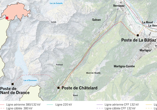 Les lignes à haute tension relient les centrales hydroélectriques des CFF