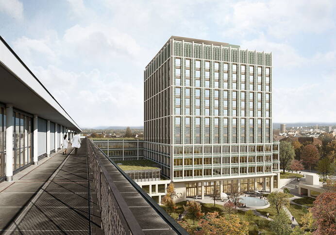 Neubau Klinikum 2,Sicht Dachterrasse / Fotografie: Architektur giuliani.hönger, Visualisierung Nightnurse