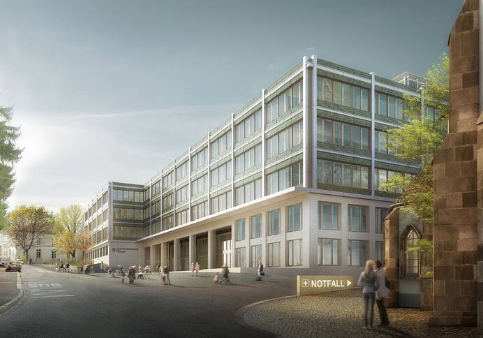 Neubau Klinikum 2, Sicht Haupteingang / Fotografie: Architektur giuliani.hönger, Visualisierung Nightnurse